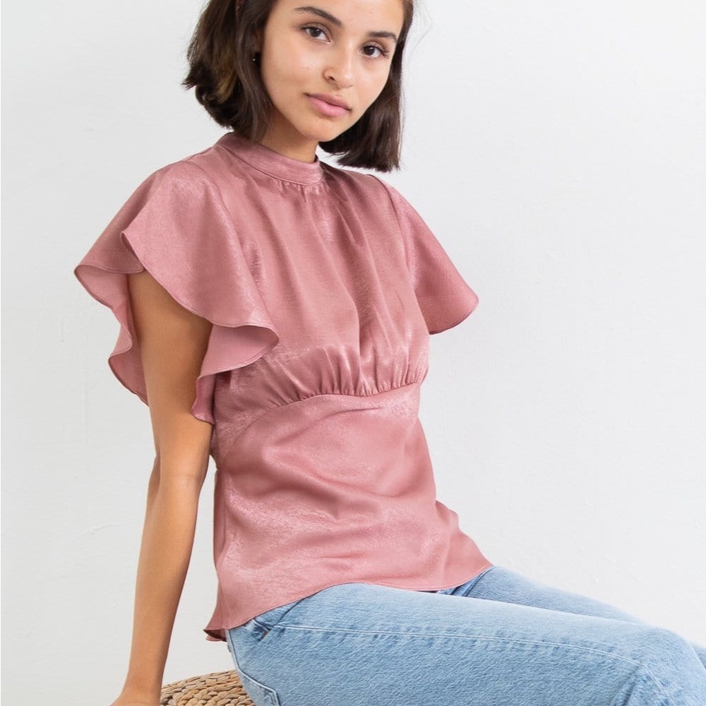 BB Dakota Steve Madden Satin the Mood Flutter Sleeve Blouse Top Bronze Pink Med.